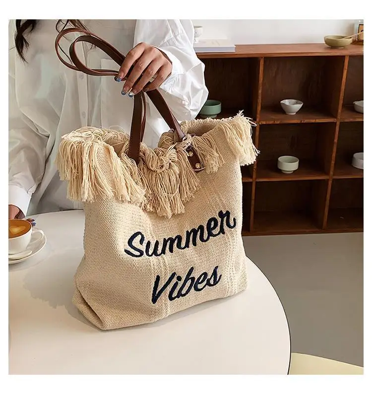 Pink Letter Tassel Canvas Shoulder Bag for Women — feature 7