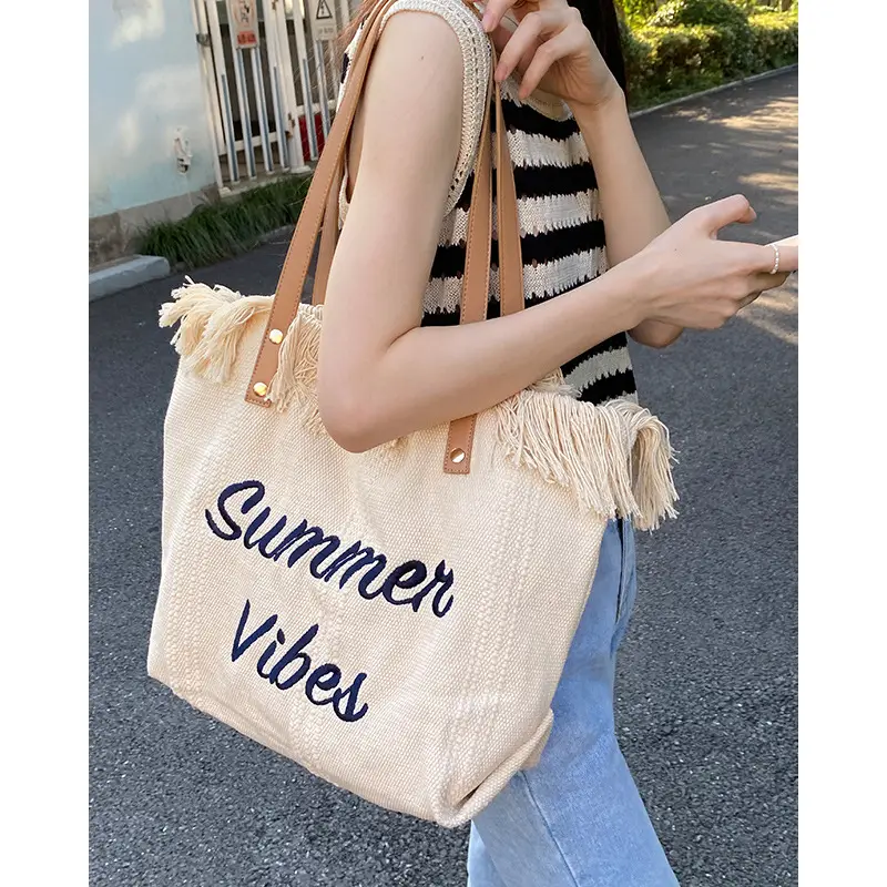 Pink Letter Tassel Canvas Shoulder Bag for Women — feature 8
