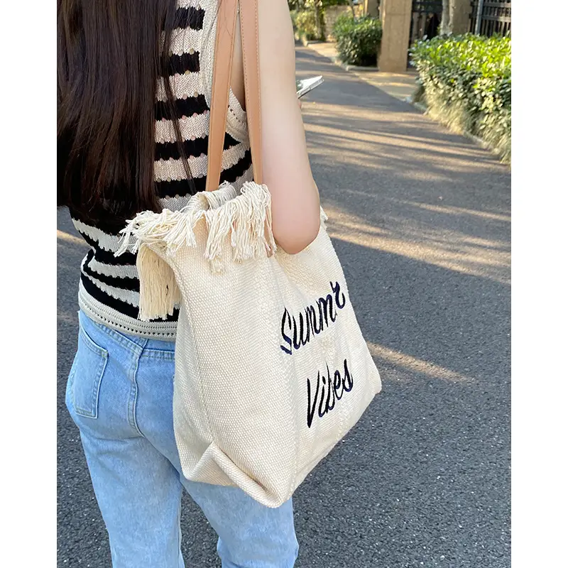 Pink Letter Tassel Canvas Shoulder Bag for Women — feature 9