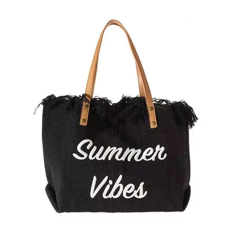 Pink Letter Tassel Canvas Shoulder Bag for Women