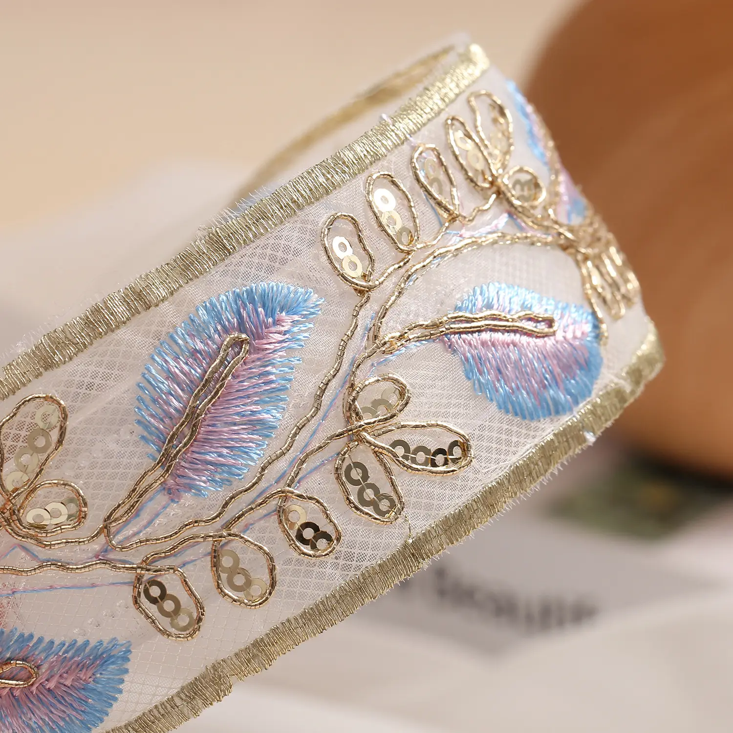 Embroidered Hair Band with Blue Floral Design