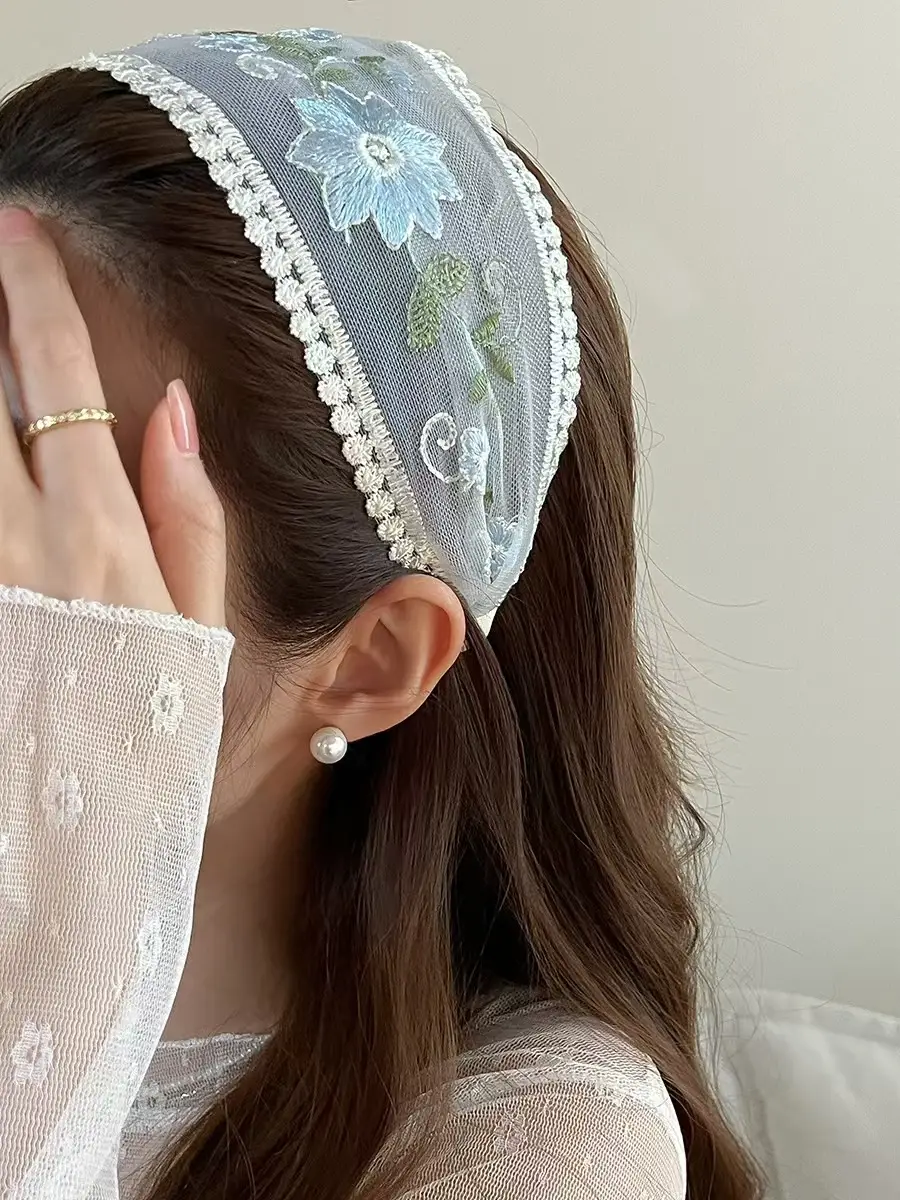 Embroidered Hair Band with Blue Floral Design — feature 15