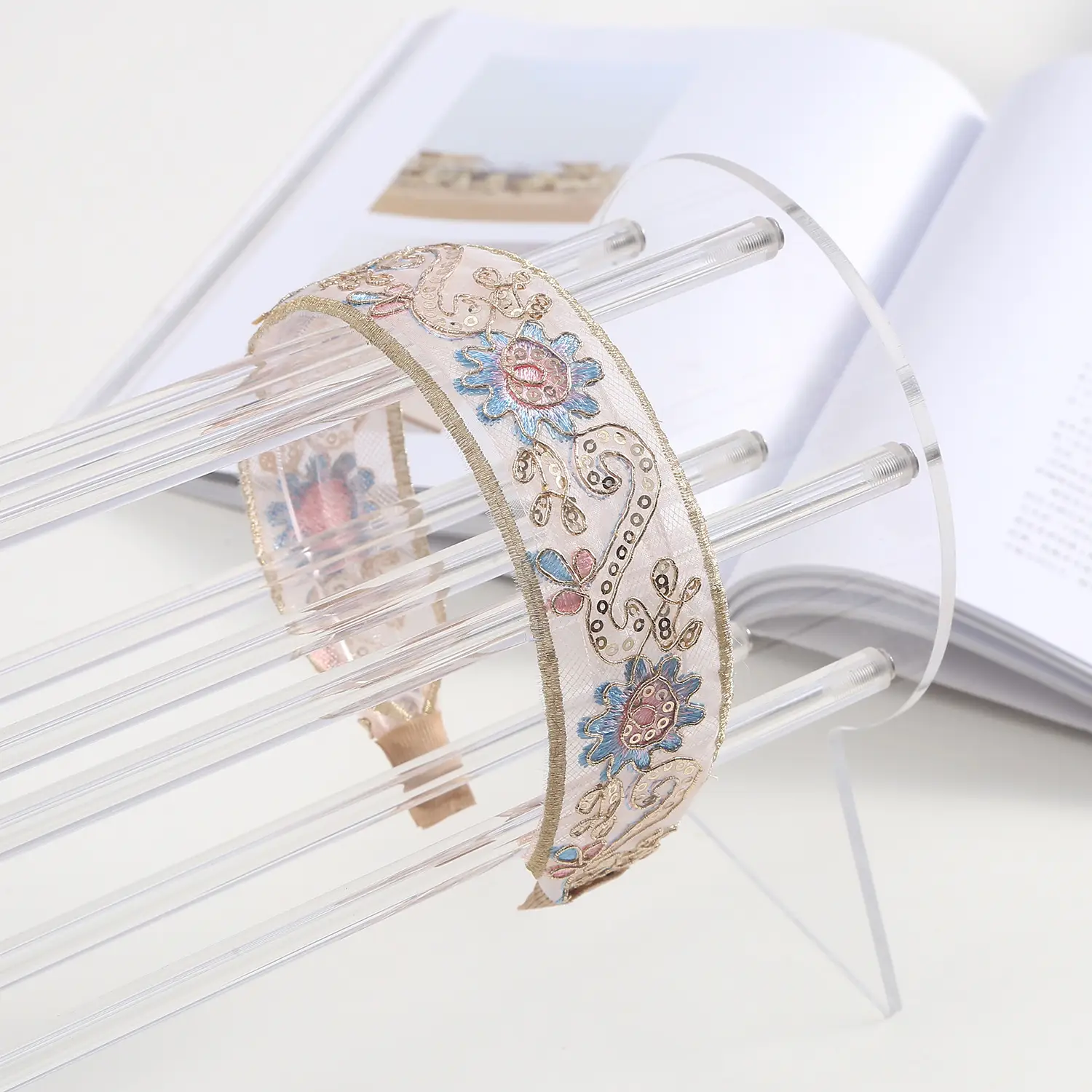 Embroidered Hair Band with Blue Floral Design