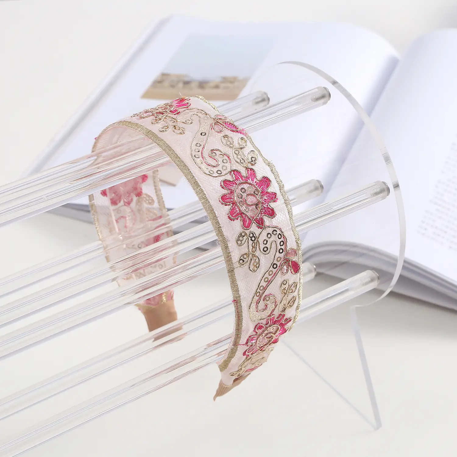 Embroidered Hair Band with Blue Floral Design