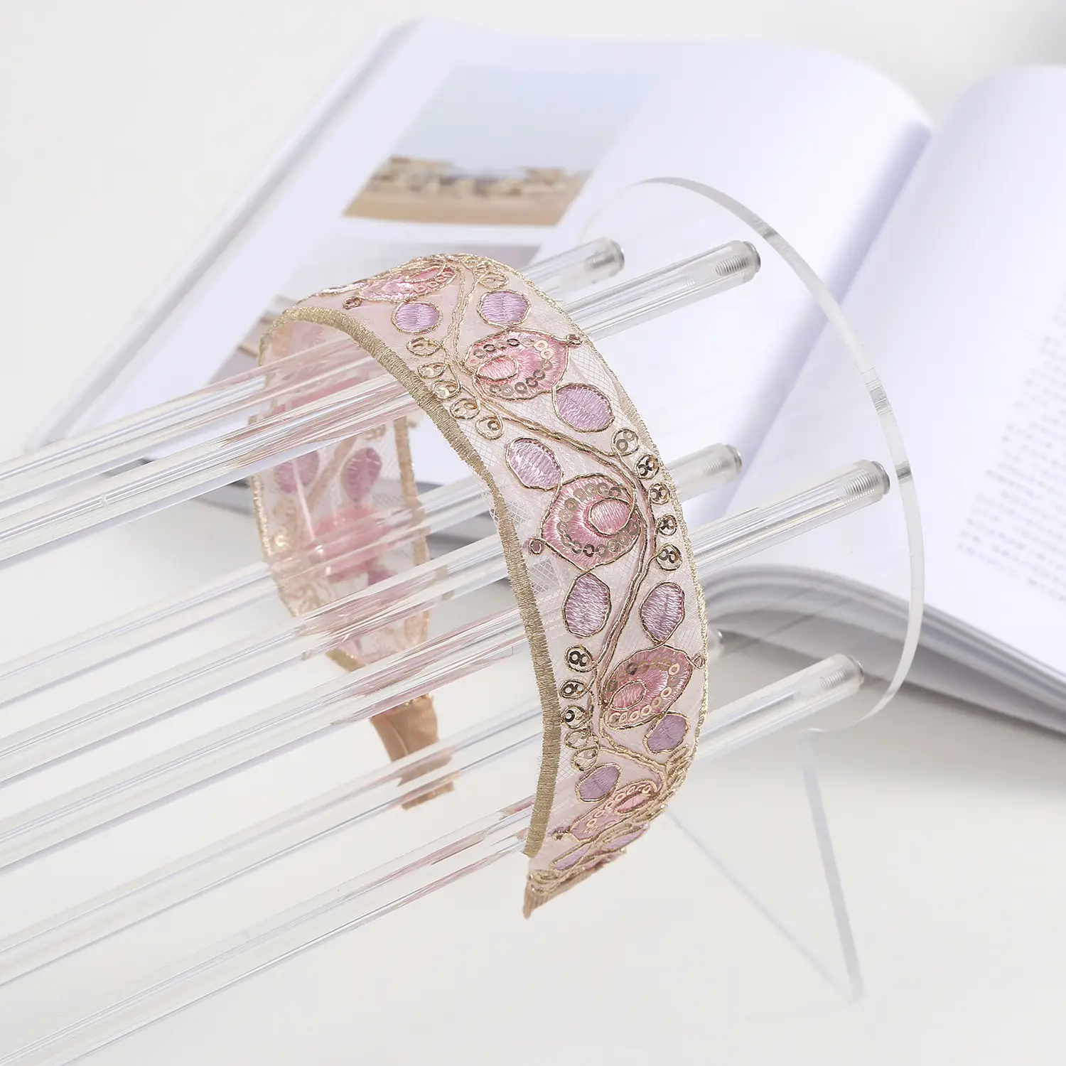 Embroidered Hair Band with Blue Floral Design