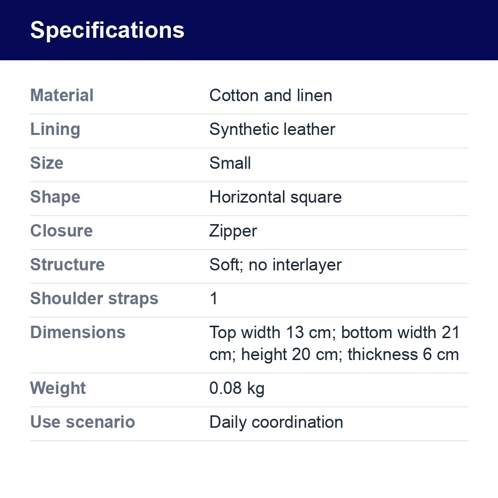 Women's Small Cotton-Linen Shoulder Bag with Zip – specifications