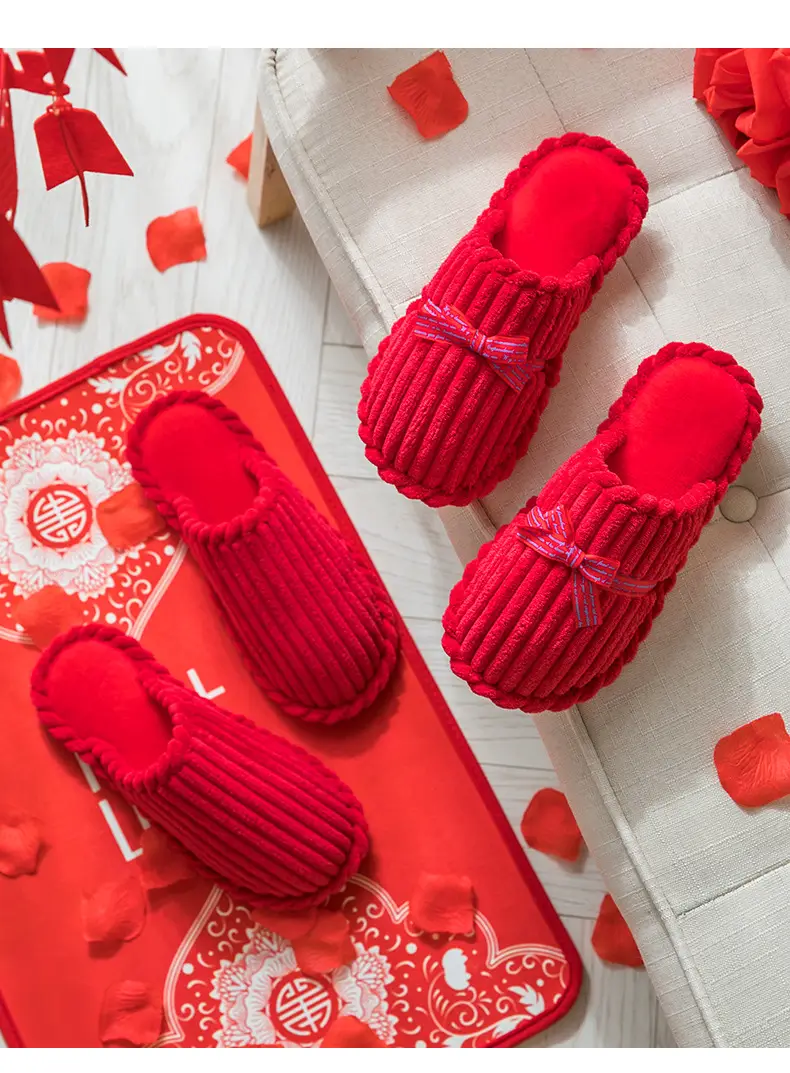 Birth year cotton slippers men's winter indoor home wedding bridegroom New Year festive red couple home women — feature 13