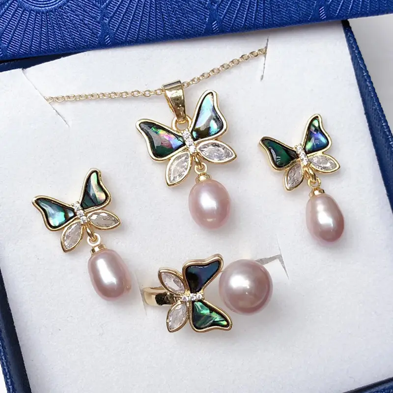 Women's Butterfly Pearl Necklace Set with Earrings & Ring - Image 2