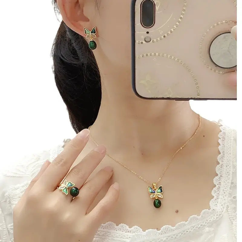 Women's Butterfly Pearl Necklace Set with Earrings & Ring - Image 7
