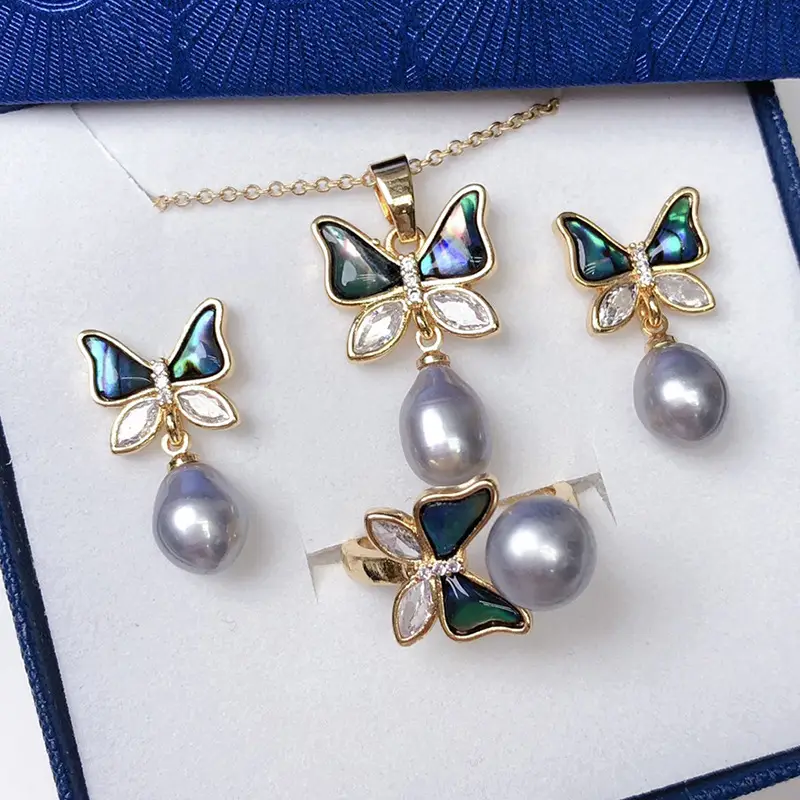 Women's Butterfly Pearl Necklace Set with Earrings & Ring - Image 5