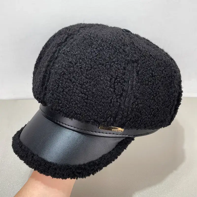 Women Wool Beret Cap Face-Slimming Warm Winter Black — feature 13