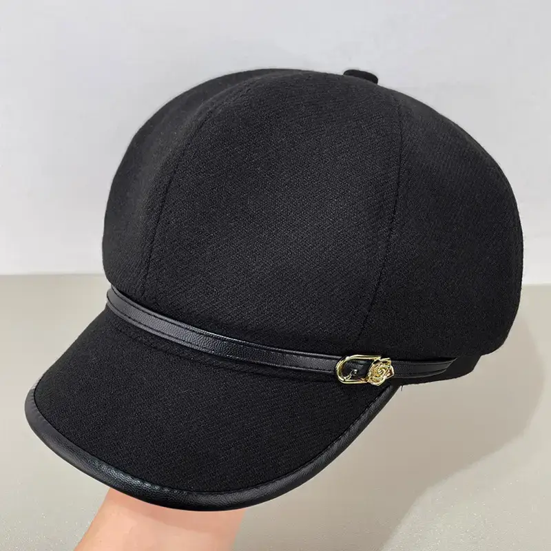 Women Wool Beret Cap Face-Slimming Warm Winter Black — feature 31
