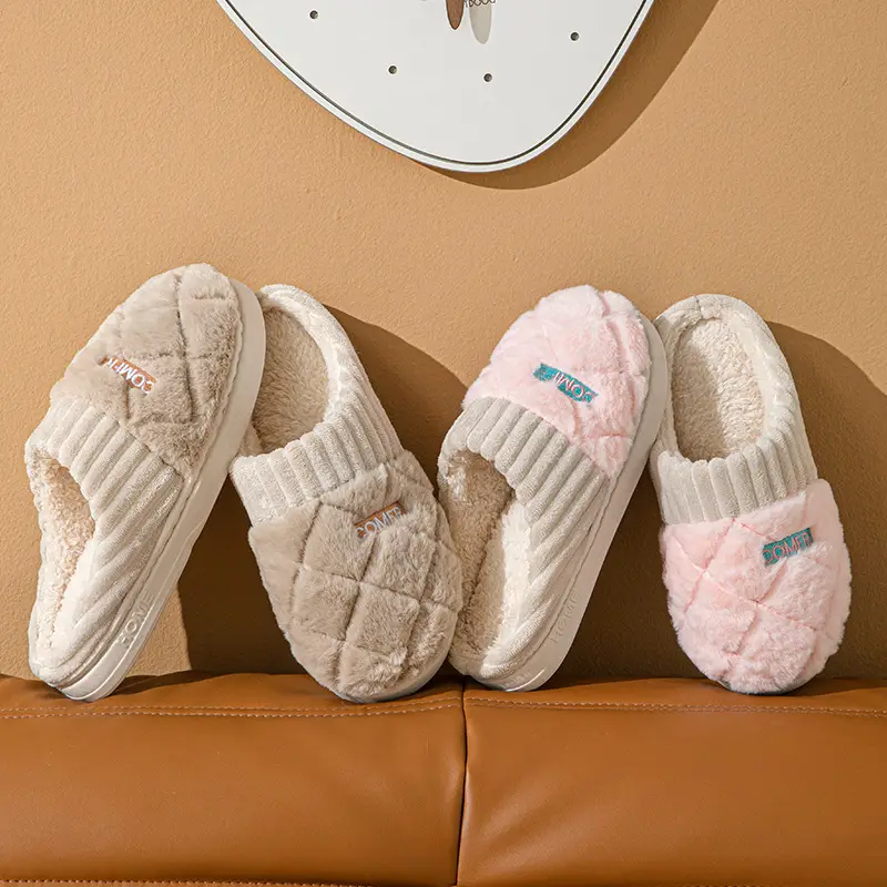 Cotton slippers women's winter color matching home couple indoor thickened warm cotton slippers non-slip plush slippers wholesale