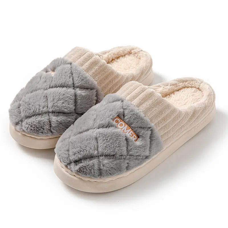Cotton slippers women's winter color matching home couple indoor thickened warm cotton slippers non-slip plush slippers wholesale
