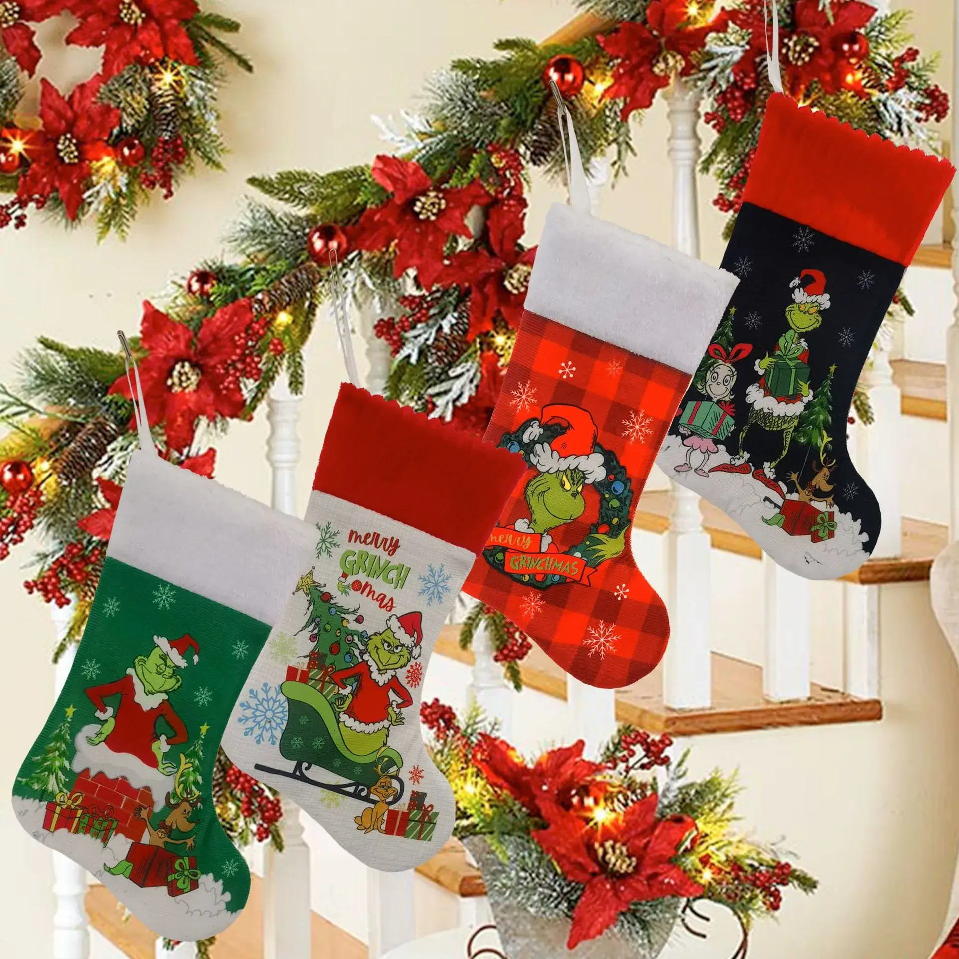 Christmas Stockings Decor Tree with Grinch & Green Furry Design - Image 6
