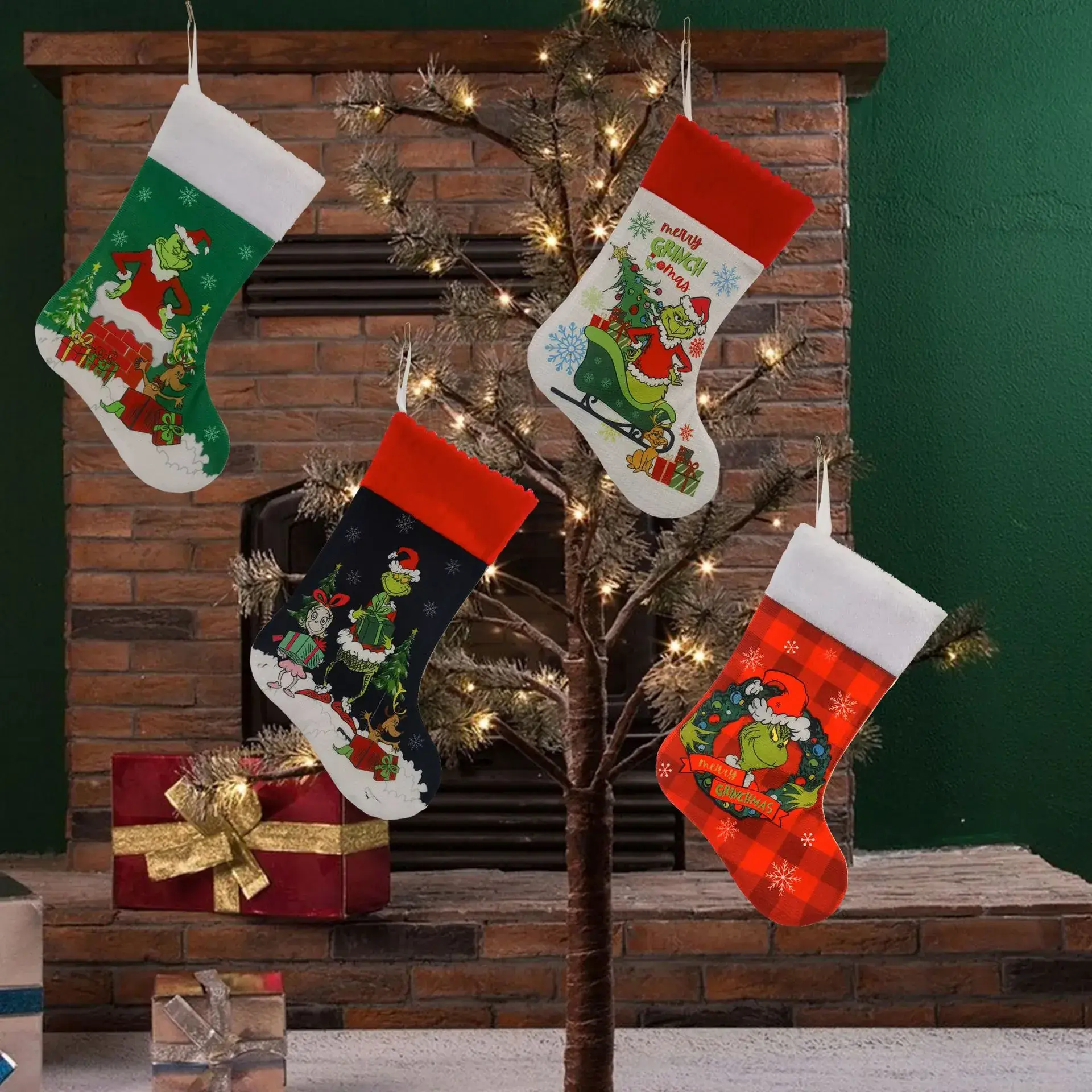 Christmas Stockings Decor Tree with Grinch & Green Furry Design - Image 8