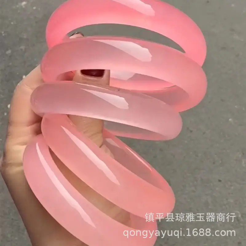 Ice Through Honey Pink Floating Flower Quartz Jade Bracelet - Image 4