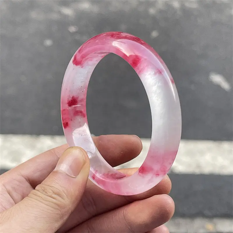 Ice Through Honey Pink Floating Flower Quartz Jade Bracelet - Image 5