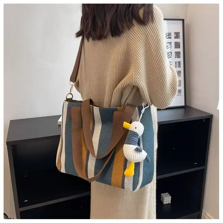 Striped Canvas Shoulder Bag for Women Large Capacity - Image 5