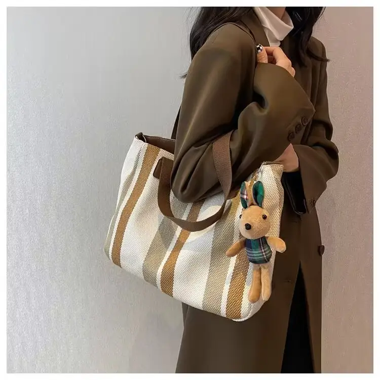 Striped Canvas Shoulder Bag for Women Large Capacity - Image 6