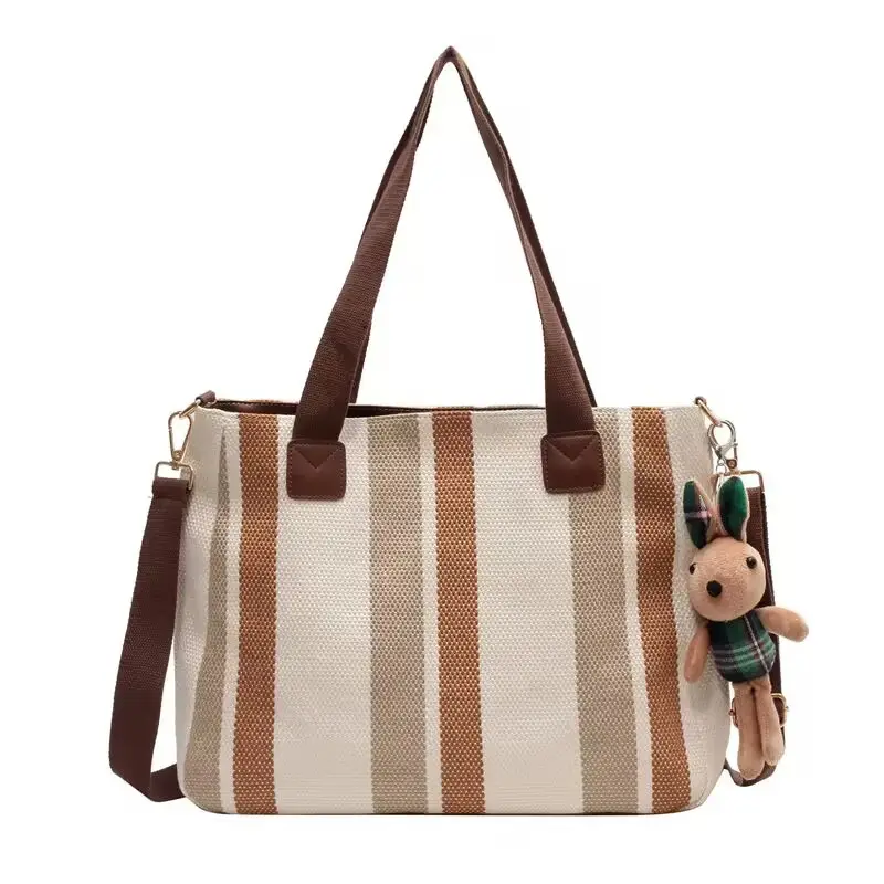 Striped Canvas Shoulder Bag for Women Large Capacity - Image 8