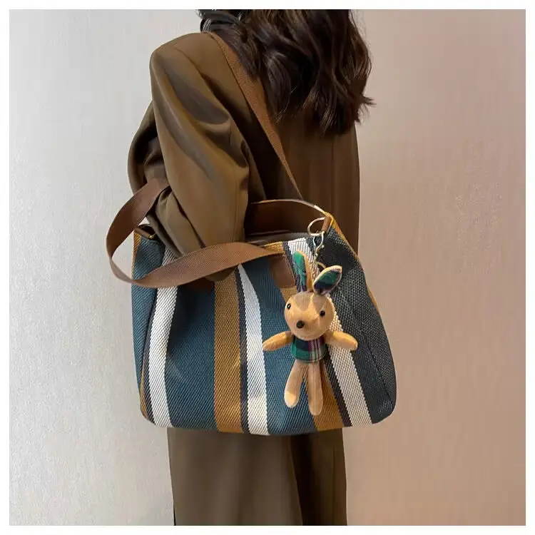 Striped Canvas Shoulder Bag for Women Large Capacity — feature 1