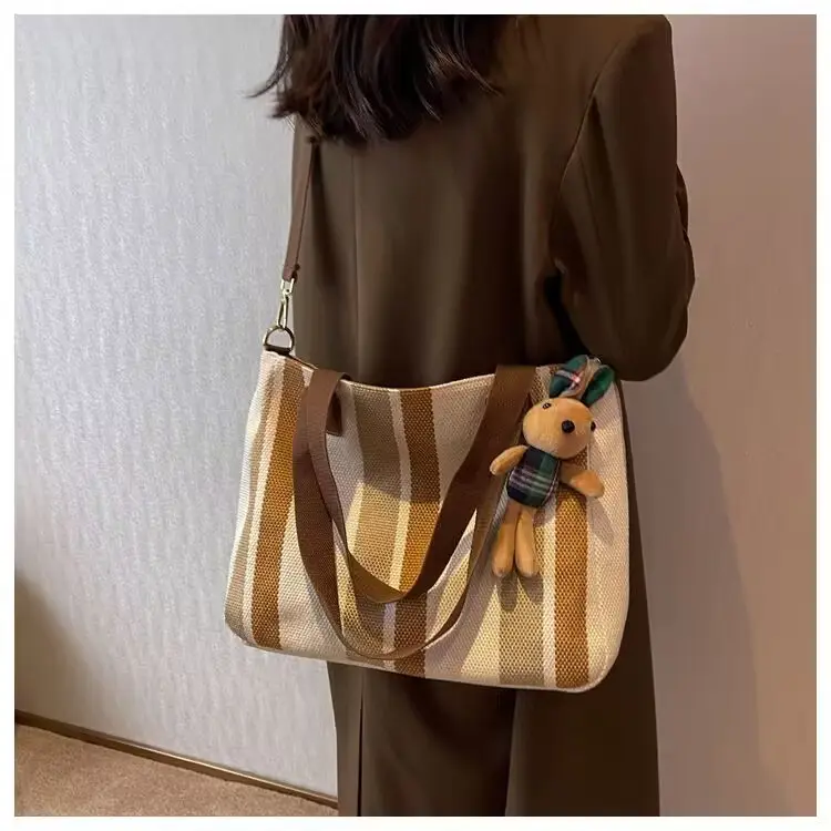 Striped Canvas Shoulder Bag for Women Large Capacity — feature 10