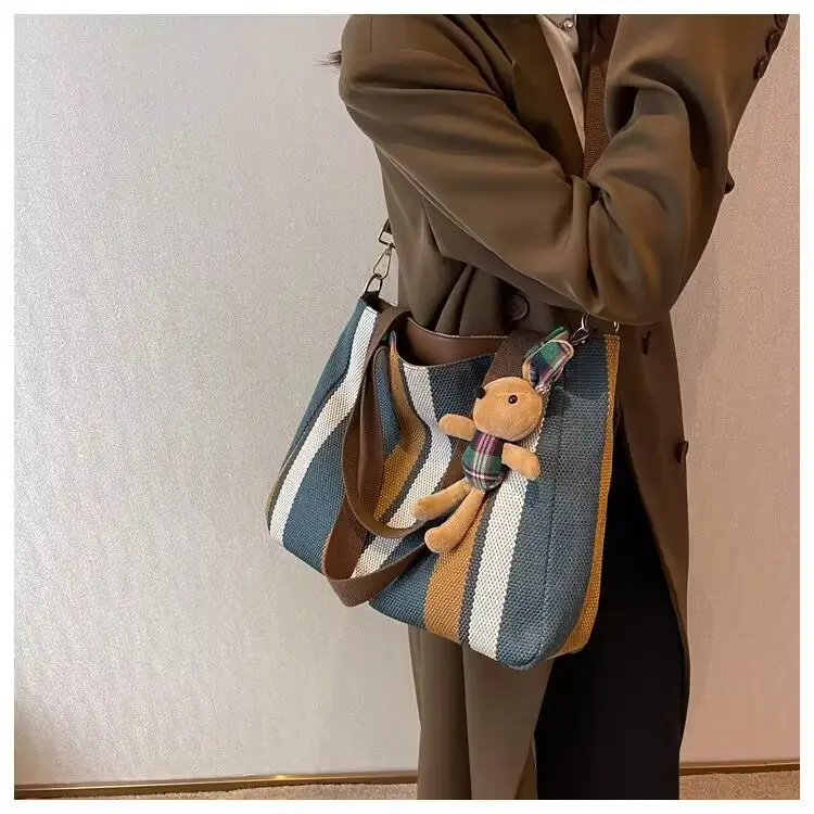 Striped Canvas Shoulder Bag for Women Large Capacity — feature 11