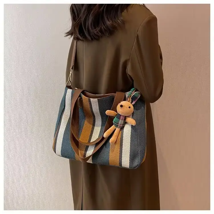 Striped Canvas Shoulder Bag for Women Large Capacity — feature 12