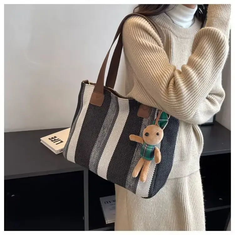 Striped Canvas Shoulder Bag for Women Large Capacity — feature 20