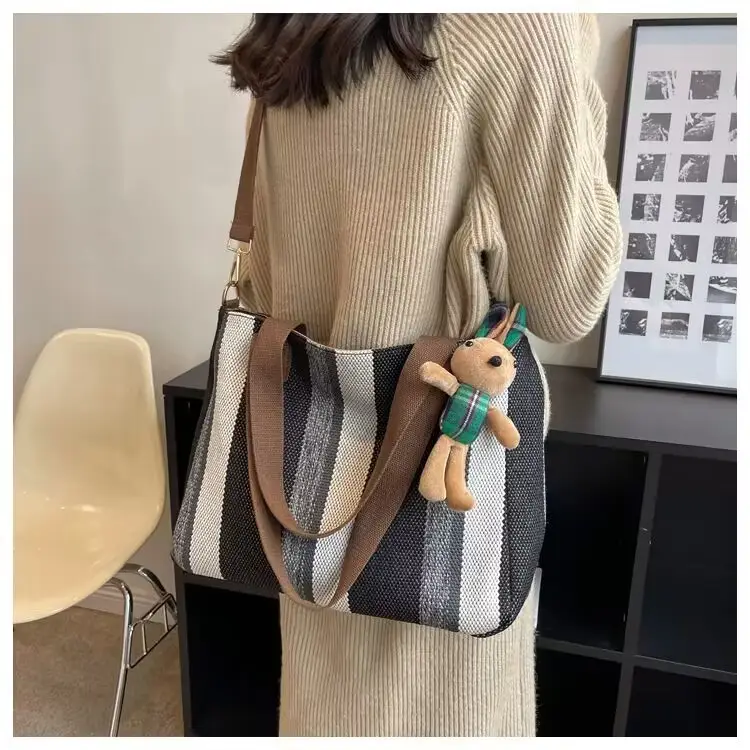Striped Canvas Shoulder Bag for Women Large Capacity — feature 21
