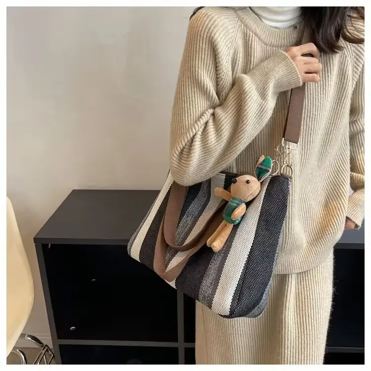 Striped Canvas Shoulder Bag for Women Large Capacity — feature 6