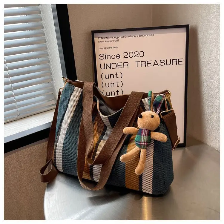Striped Canvas Shoulder Bag for Women Large Capacity — feature 9