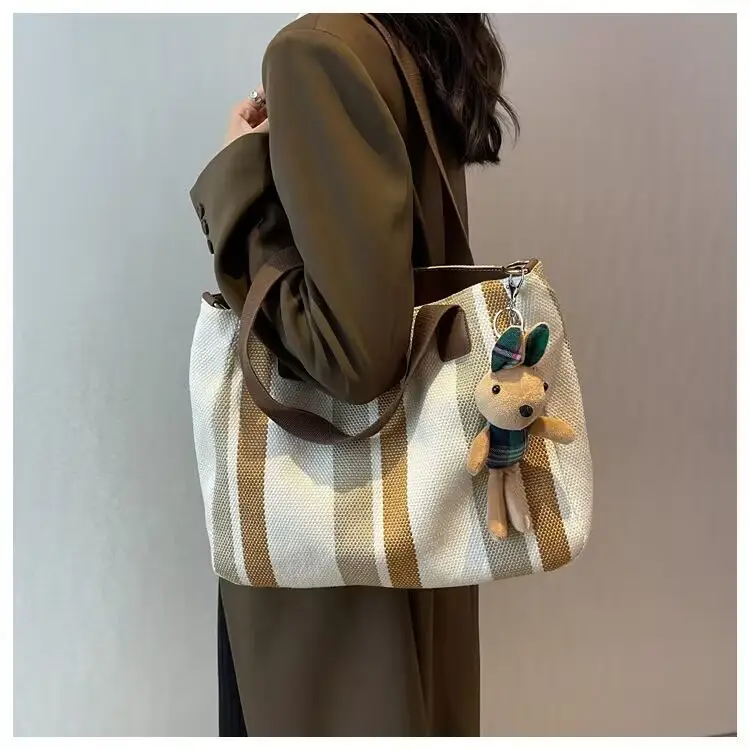 Striped Canvas Shoulder Bag for Women Large Capacity — feature 7