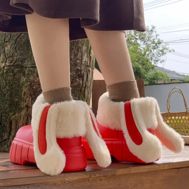 Women Cream Wool Fleece Rabbit Ear Slippers Winter - Image 6