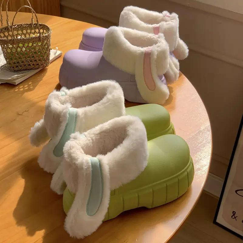 Women Cream Wool Fleece Rabbit Ear Slippers Winter - Image 7