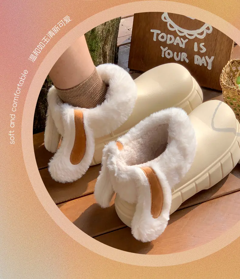 Women Cream Wool Fleece Rabbit Ear Slippers Winter — feature 6