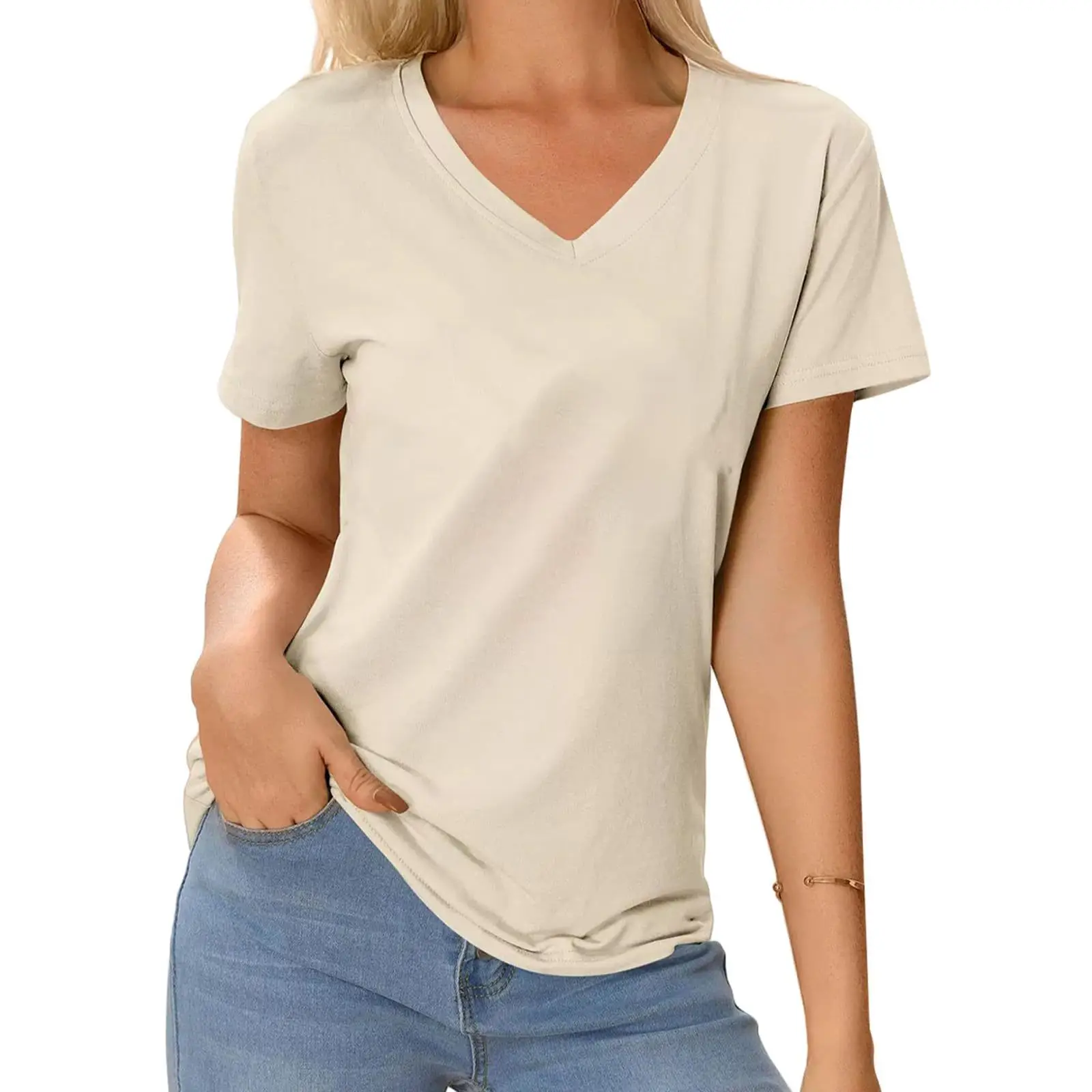 2025 V-Neck Grey T-Shirt for Women Summer Casual Wear