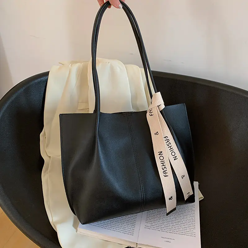 Soft Leather Large Capacity Shoulder Tote Bag Black White - Image 4
