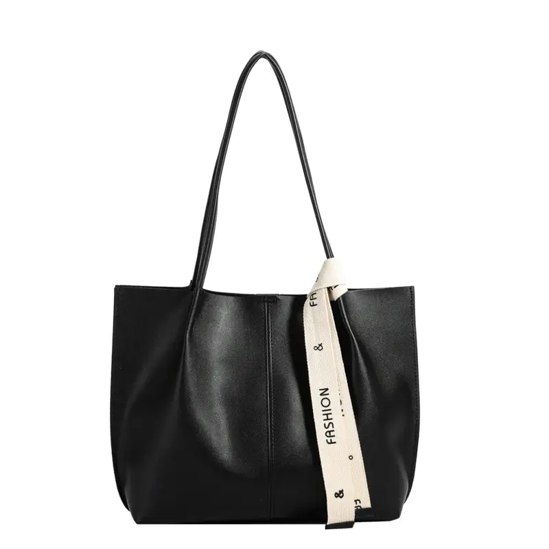 Soft Leather Large Capacity Shoulder Tote Bag Black White - Image 5