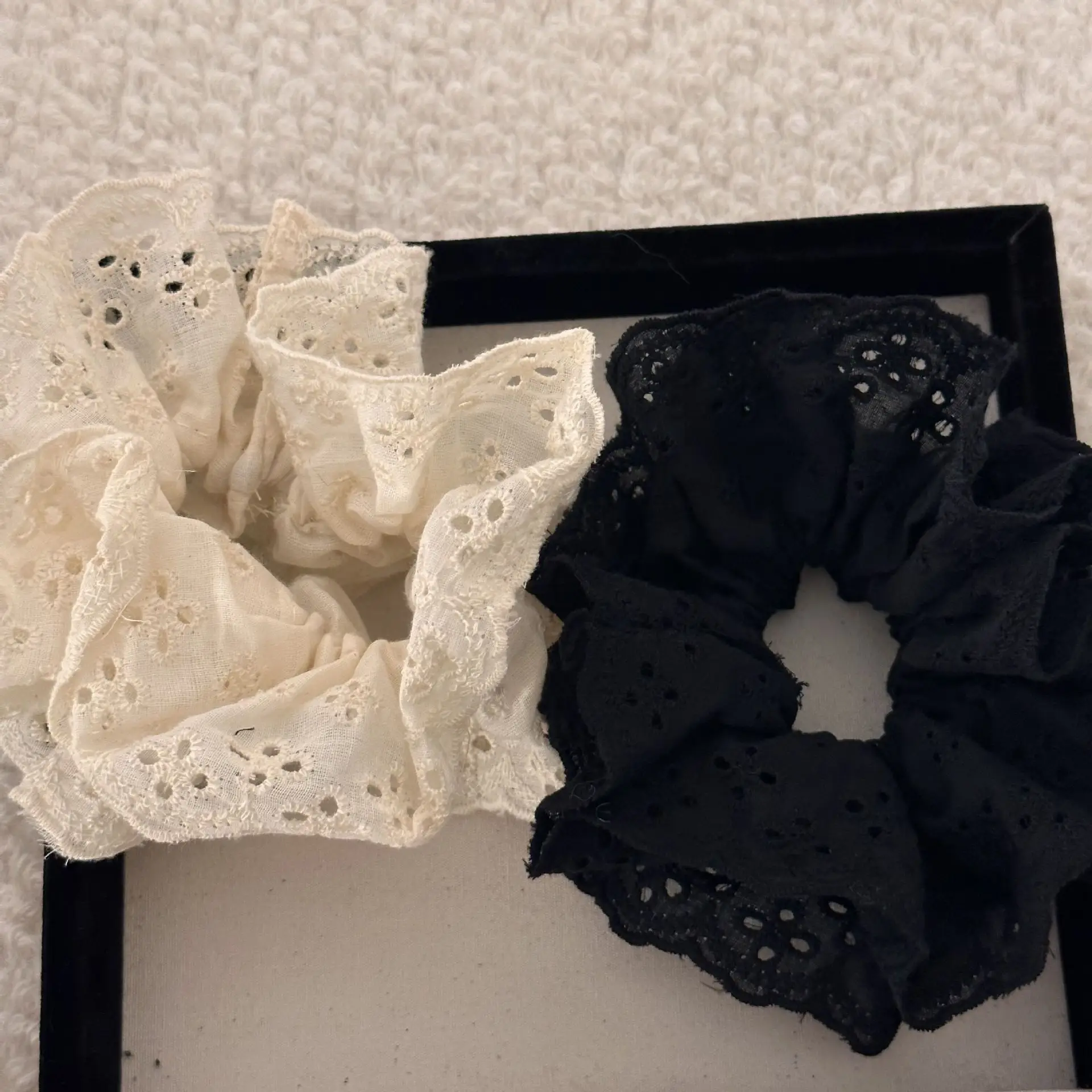 Vintage Lace Hair Scrunchie with Embroidery Beige Black - Image 4
