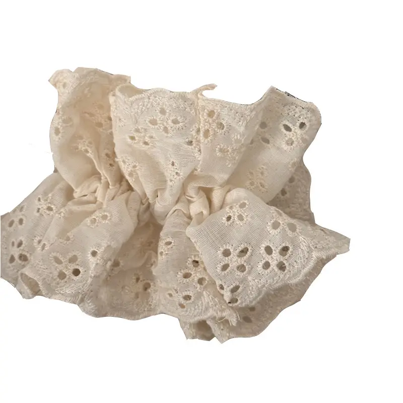 Vintage Lace Hair Scrunchie with Embroidery Beige Black - Image 7