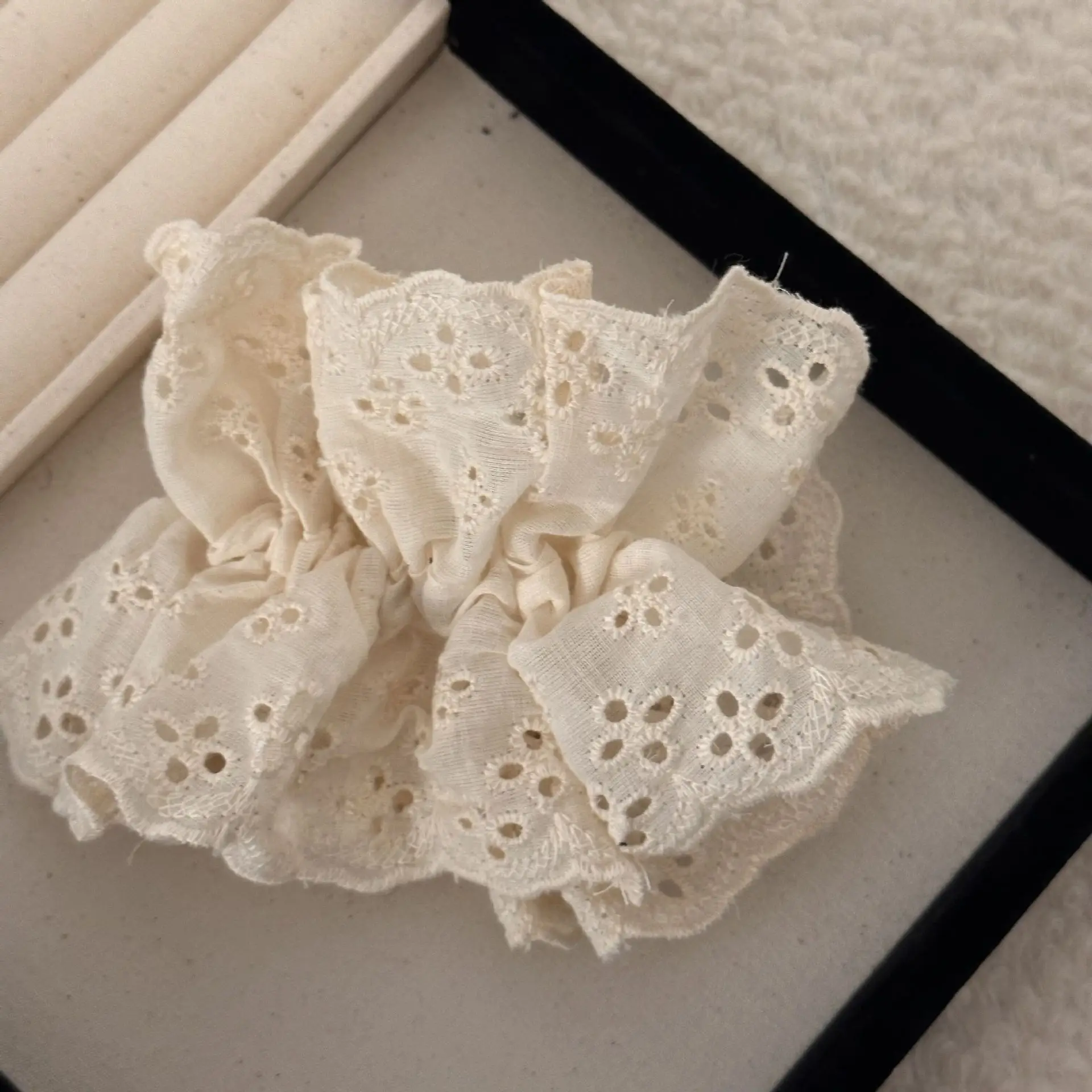 Vintage Lace Hair Scrunchie with Embroidery Beige Black - Image 2