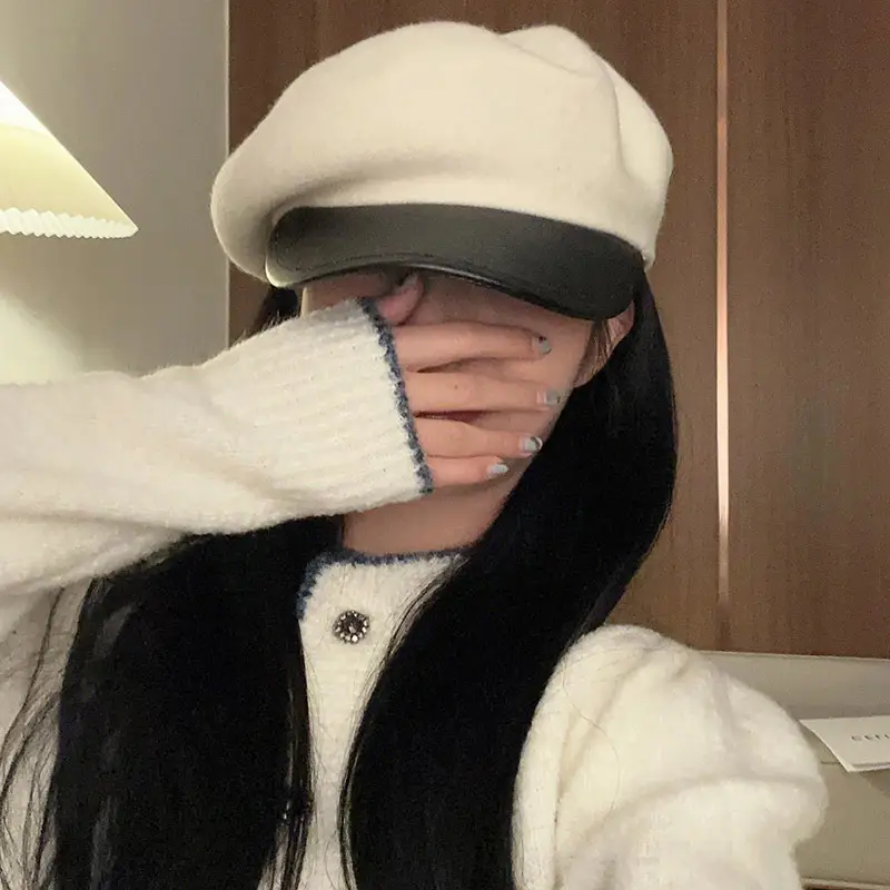 Japanese PU Leather Brim Hat for Women Autumn Winter - Image 2