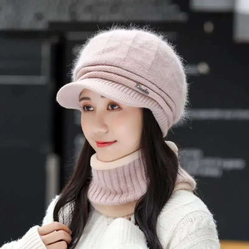 Women's Pink Fleece Winter Hat with Neck Warmer - Image 7