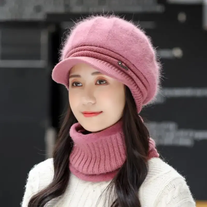 Women's Pink Fleece Winter Hat with Neck Warmer - Image 5