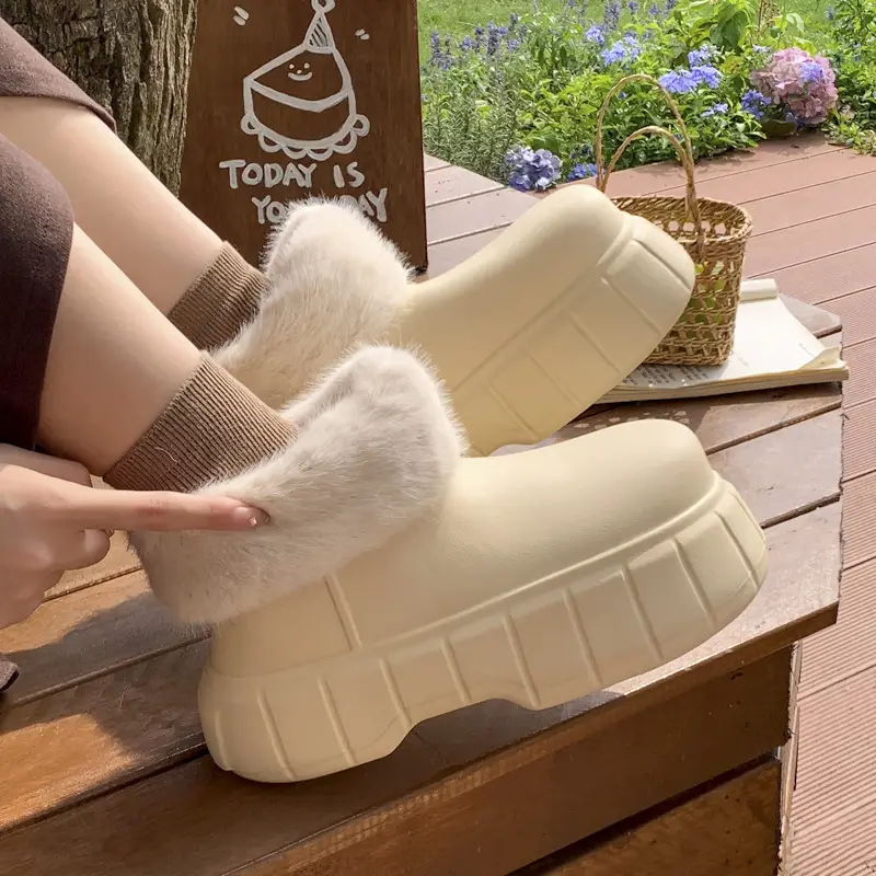 Waterproof Slippers with Cotton Lining for Women, Winter Indoor Home Use, Fleece-Lined for Warmth, Eva Comfortable Sole, Suitable for Outdoor Wear, Thick-Soled Cotton Slippers, Non-Slip