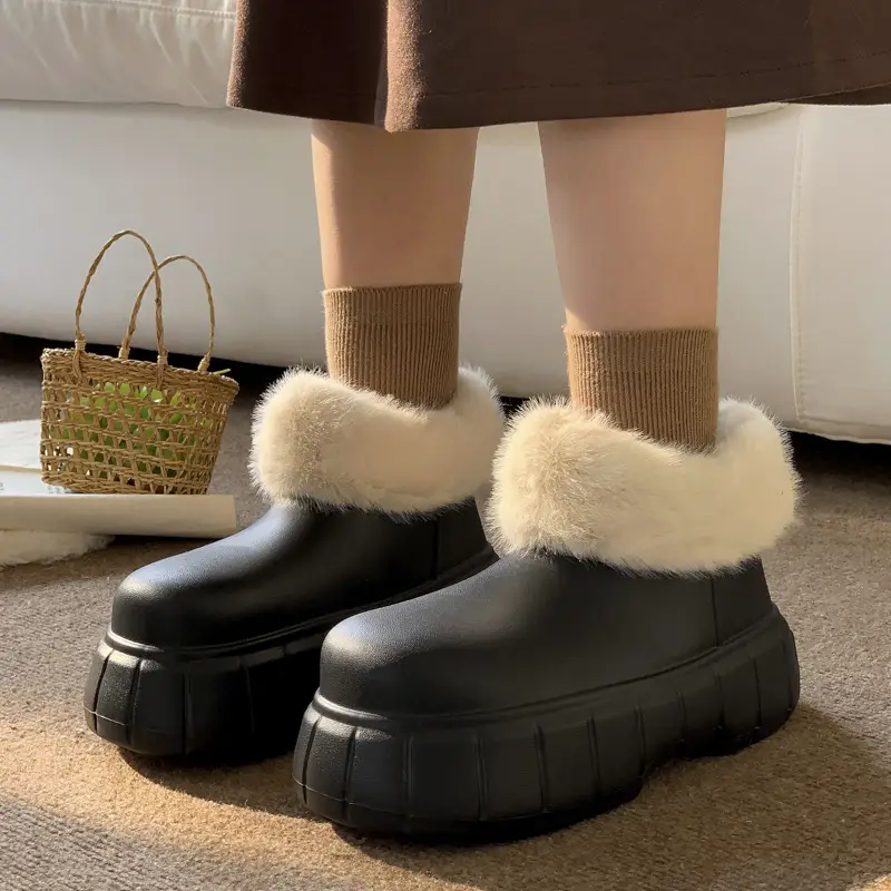 Waterproof Slippers with Cotton Lining for Women, Winter Indoor Home Use, Fleece-Lined for Warmth, Eva Comfortable Sole, Suitable for Outdoor Wear, Thick-Soled Cotton Slippers, Non-Slip