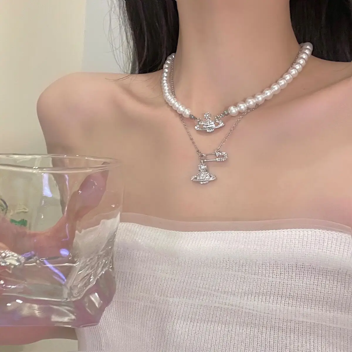 Saturn Pin Pearl Necklace Light Luxury All Match — feature 5