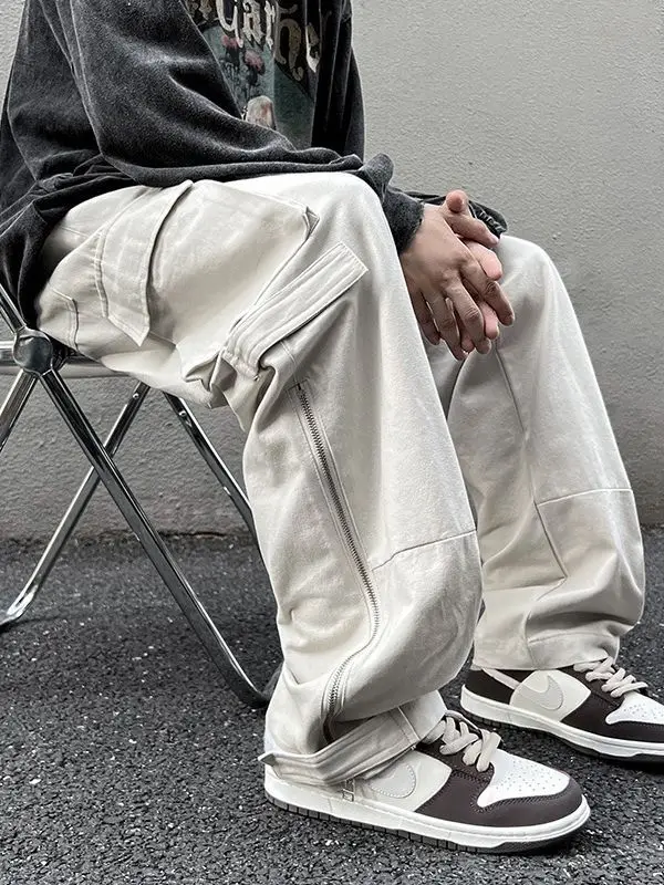 Men's White Wide Leg Cargo Pants with Black Sneakers - Image 3